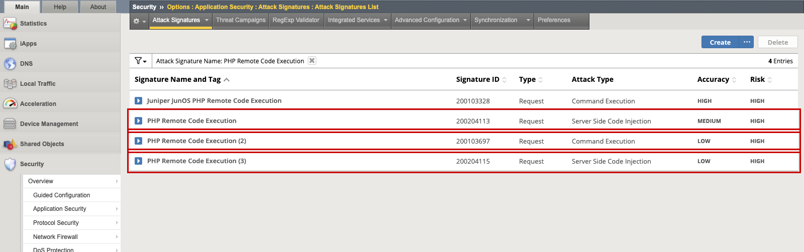 Attack Signatures List 中的 3 個 signature