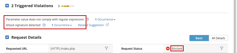 Request 細節顯示 Blocked 與觸發的 violation